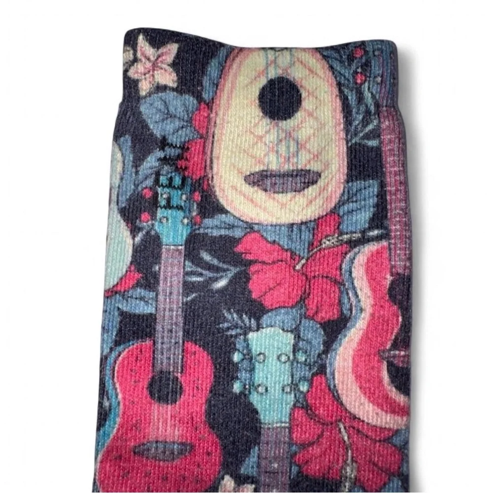 FEAT Ukulele & Hibiscus Tropical Crew Socks - Large 🎸